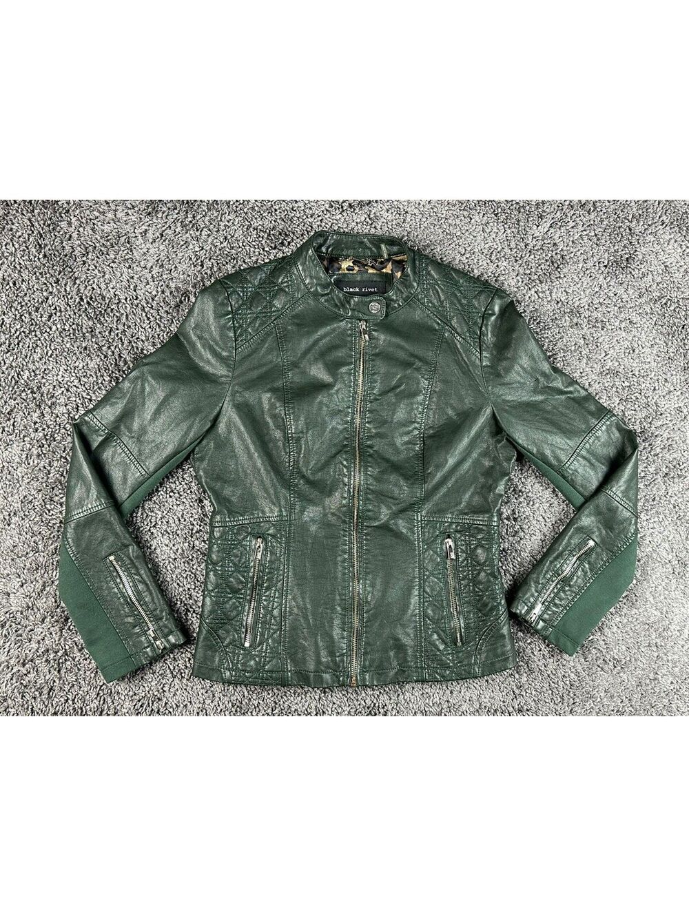 Black Rivet Faux Leather Moto Biker Jacket Womens M Forest Green Leopard Quilted